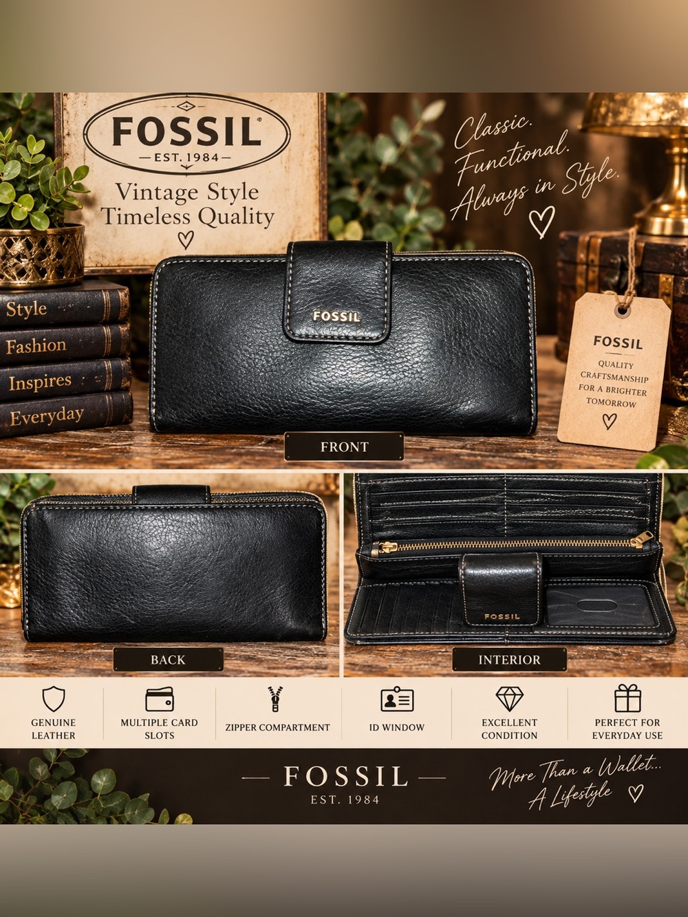 Fossil Black Leather Zip & Snap Card Holder Wallet